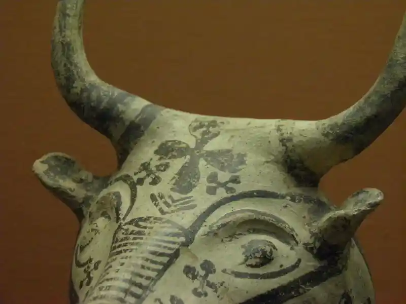 Prechristian cross on the forehead of a bull head, a ritual pouring vessel